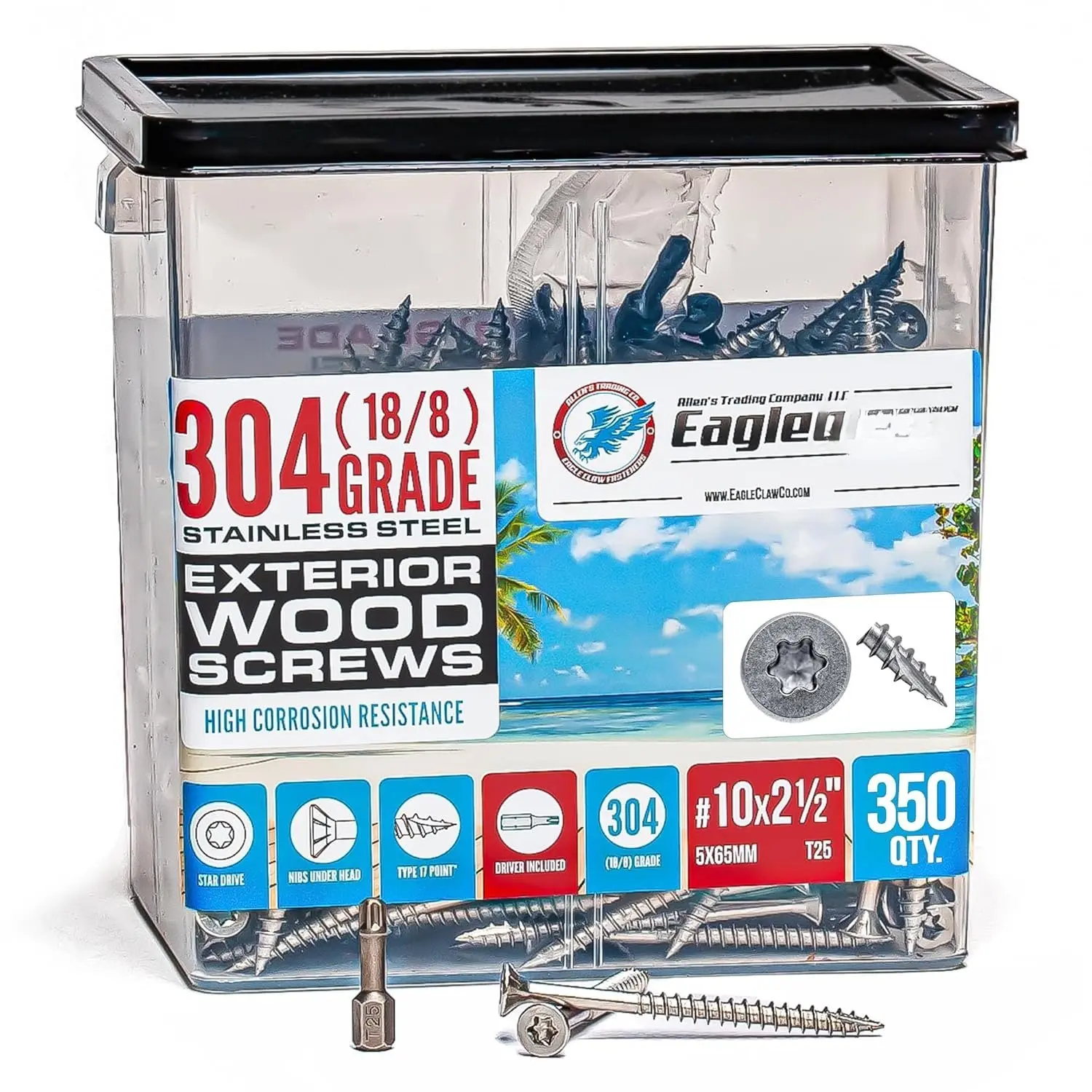 #10 x 2 1/2 Inch Stainless Steel Deck Screws | 304 Grade (350 Pack) | Flat  T25  Torx Drive | Stainless Steel Screws by    |  & Rust Resistant (Includes Driver Bit)