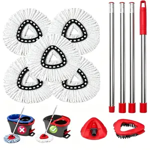 【Summer Sale Deals】Microfiber Flat Spin Mop Replacement Pack for 1-Tank System - 5&2 Reusable Pads, 30-58in Stainless Steel Handle, Plastic Brush, Removable Head Scrubber for Wood, Tile Hard Surface Cleaning