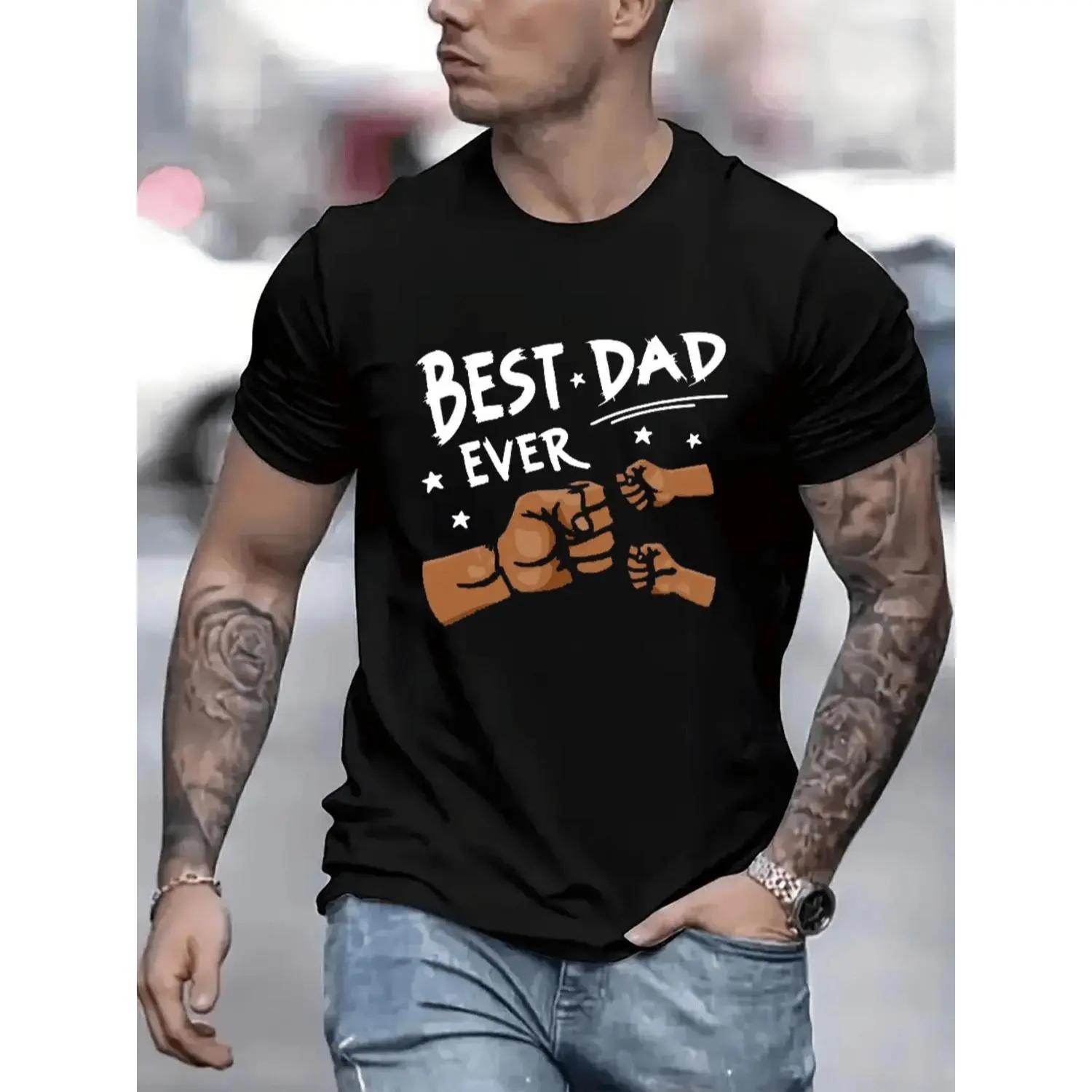 Men's "Best Dad Ever" Fist Bump Print T-Shirt, Casual Crew Neck Short Sleeve Cotton Tee, Soft Breathable Summer Streetwear Top For Men, Perfect Father's Day Gift