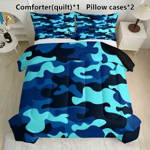 Blue Camouflage Bedding Set, Includes 1 Comforter & 2 Pillowcases, Military Style Decor, Synthetic Fiber Material, Perfect for Bedroom