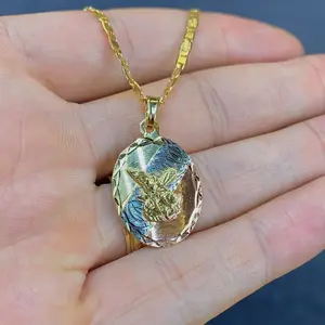 Tri Color Saint Michael Necklace for Womens Mens - San Miguel Pendant Charm - Minimalist Chain 20" - Everyday Wear Anniversary Birthday Gifts