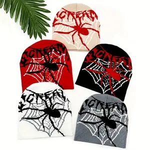 Y2K Unisex Beanie Hat with Halloween Spider Web & SCREAM Letter Design, Stretchy Elastic Band, Warm Winter Skull Cap for Streetwear, Hip-Hop, and Parties (Red/Black/White/Grey)