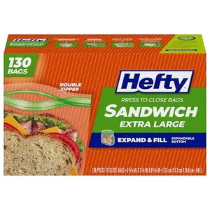 XL Press to Close Sandwich Bags, 130 Count, Expandable Bottom, Resealable Food Storage Bags, BPA Free Plastic Bags, Extra Large Sandwich Bags, Snack Bags, Lunch Bags, Meal Prep Bags, Disposable Storage Bags, Leak Resistant Press Seal