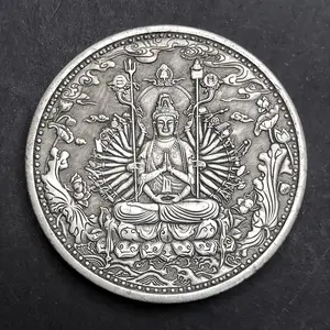 Feng Shui Heart Sutra Thousand Hand Guanyin Buddhist Buddha Statue, Antique-Looking Aesthetic Lucky Coin Ornament, Religious Symbol Home Decor & Wealth Attraction Gift