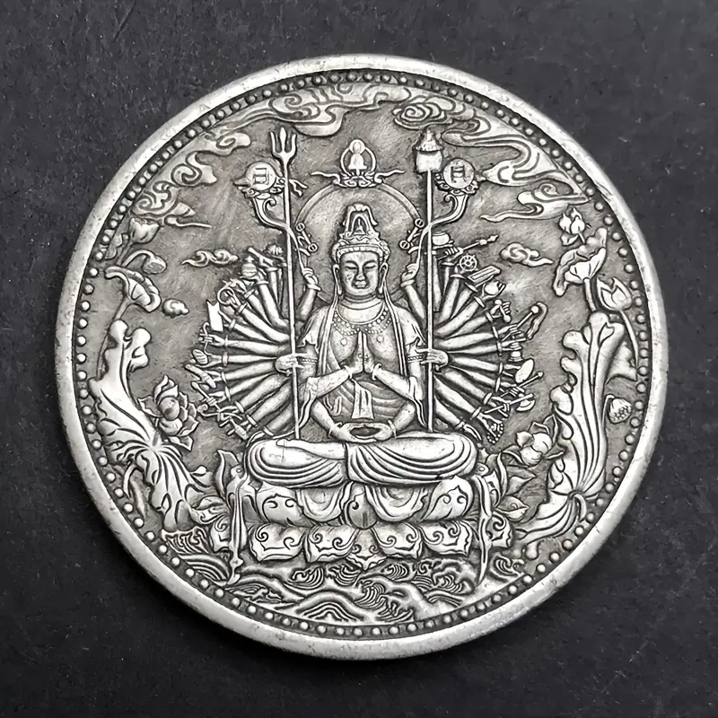 Feng Shui Heart Sutra Thousand Hand Guanyin Buddhist Buddha Statue, Antique-Looking Hand Engraved Aesthetic Decorative Lucky Coin Ornament, Cultural Religious Symbol Home Decor & Wealth Attraction Gift, Religious Decoration
