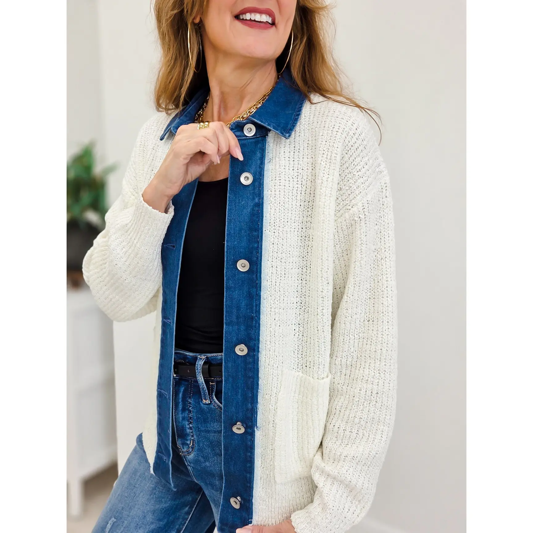 Button Down Knit Jacket With Denim Contrast