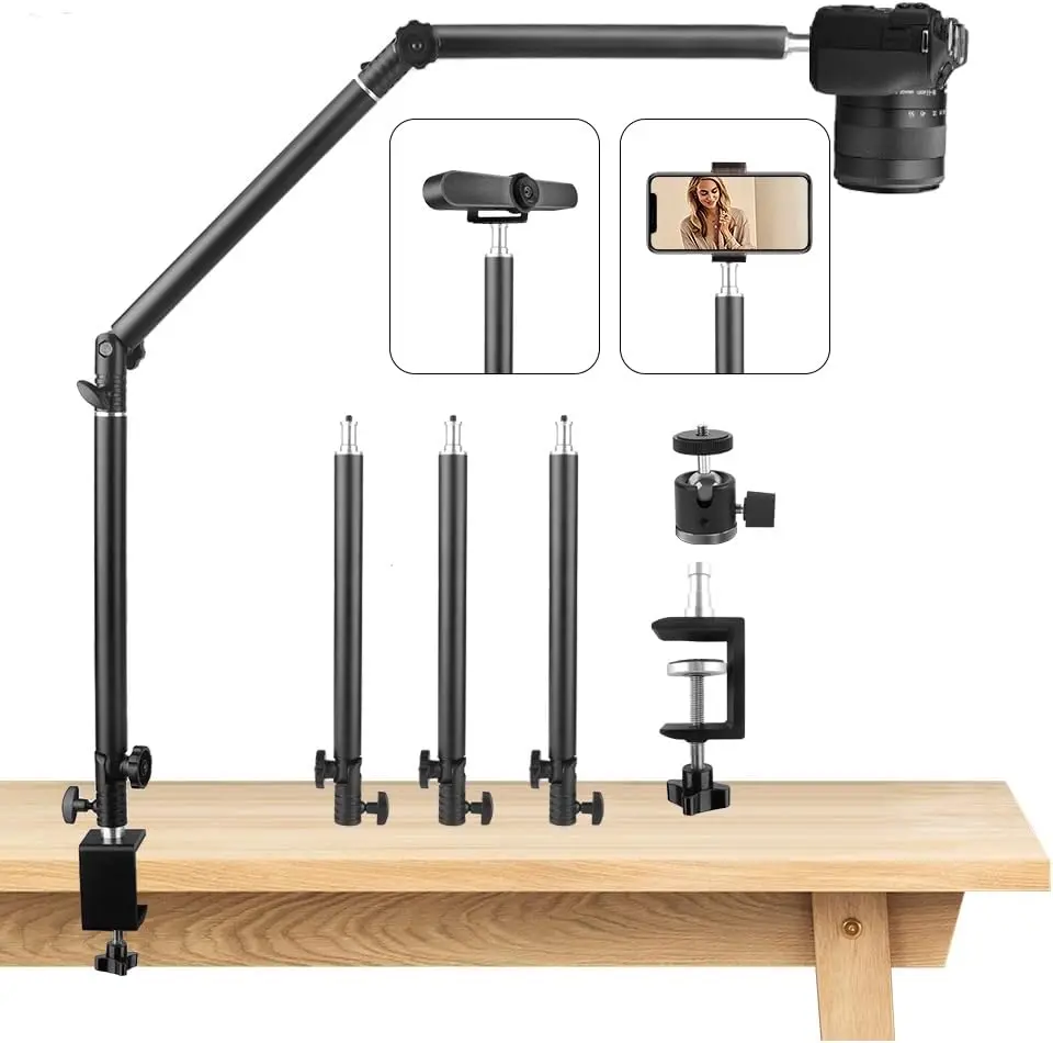 Heavy Duty Overhead Camera Desk Mount Stand 14.5"-41" with 1/4" Screw, 3-Section 360°Rotatable Detachable Articulating Boom Arm with Enlarged Handle C Clamp, Tabletop Light Stand for Streaming Vlog