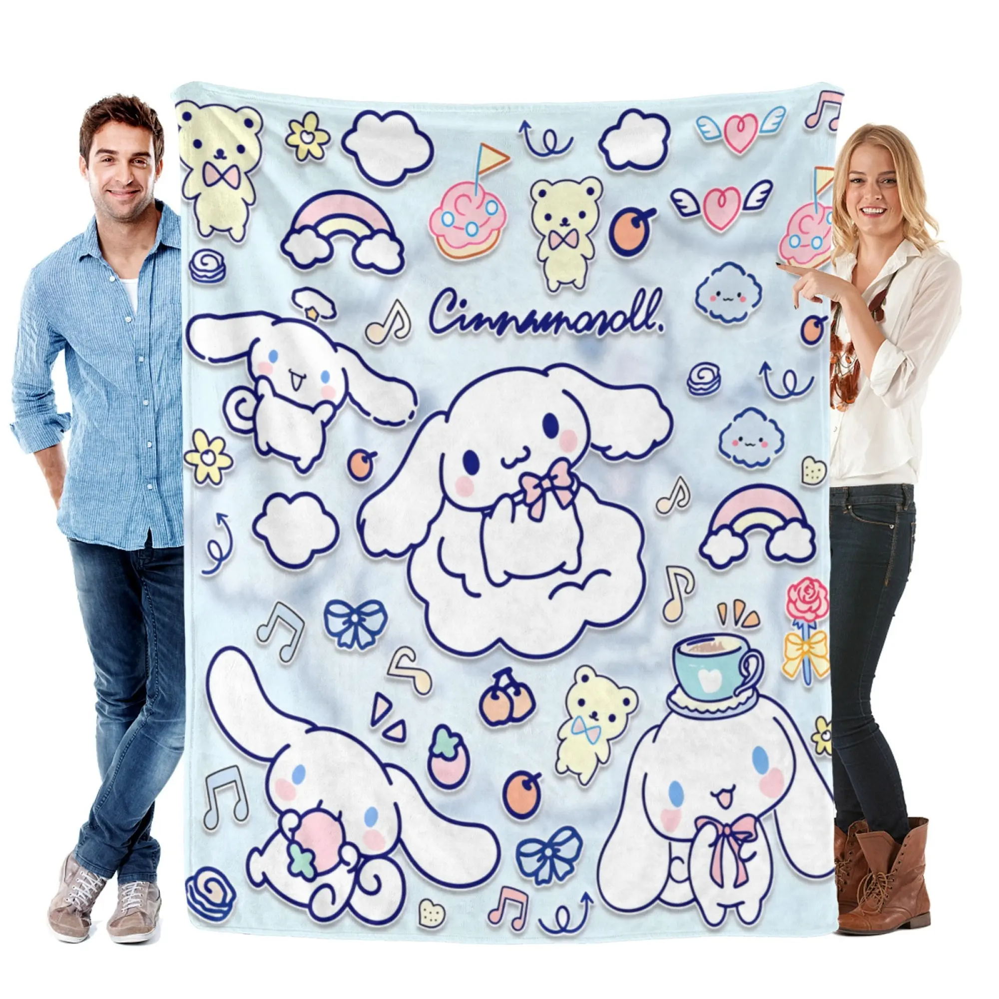 Officially Licensed Sanrio Cinnamoroll Flannel Blanket - Super Soft Pastel Blue Kawaii Throw