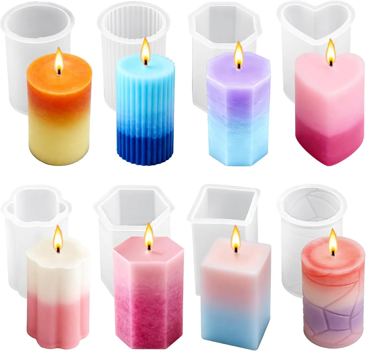 8PCS Reusable Silicone Candle Molds Set - Cylinder, Hexagon, Octagon, Heart, Flower, Square Shapes for DIY Candle Making, Soap, Resin Crafts, Easy Release Non-Stick Candle Making Kit