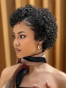 13x1 T Part Transparent Lace Wig Curly Wave Deep Wave Wig Pixie Cut Human Hair Wig for Women Halloween Wig 150% Density 6 Inch Glueless Lace Wigs