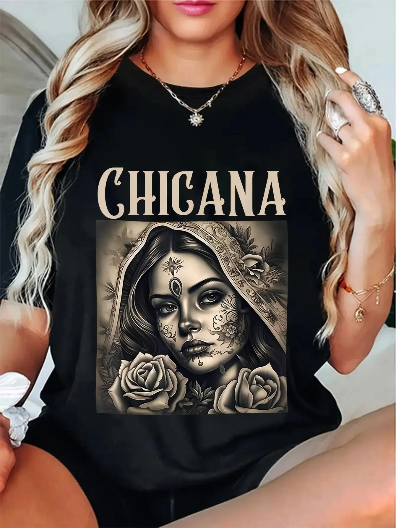 100% Cotton Unisex Chicana Chola Style Lowrider Clothes Print T-Shirt, Mexican American Latina Cultural Graphic Tee, Casual Crew Neck Short Sleeve Top For Daily Streetwear