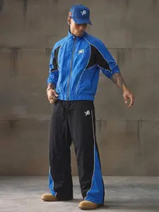 Pavtros Men's Retro Sport Set, Stand Collar Jacket & Pants, Blue Block, Casual Wear, Gym, Street Style, Unisex