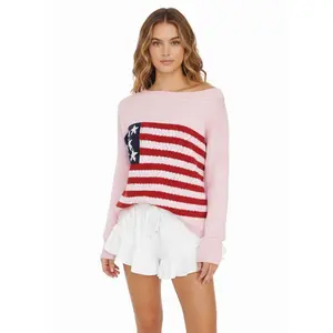 Woman Multicolor Flag Pattern Sweater – Long Sleeve, Round Neck Pullover Cherie Code Pink M