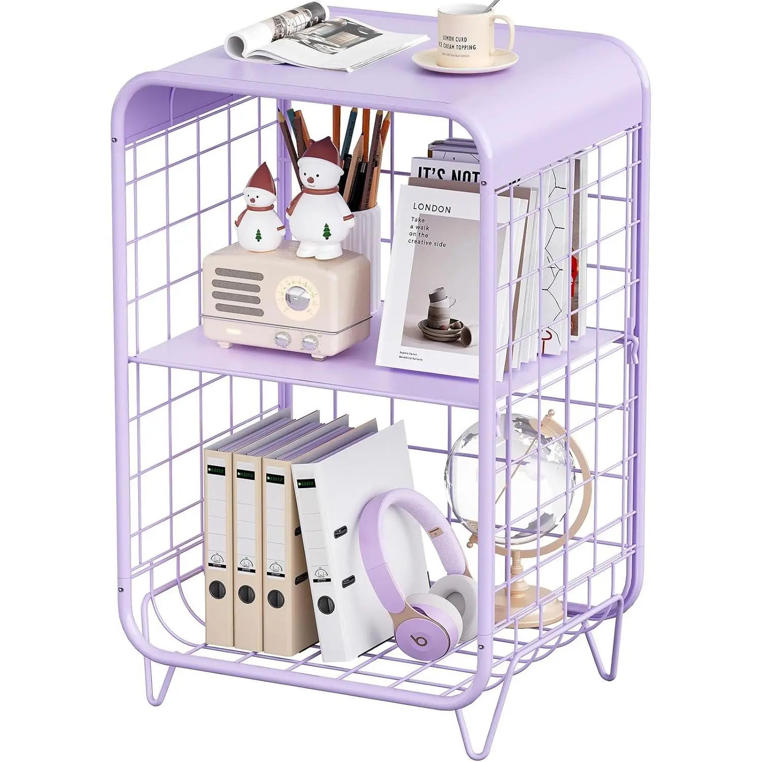 Cute Nightstand, 3 Tier Metal Side Table With Storage,  Bedside Table for Girls Bedroom, Living Room, Dorm - Purple