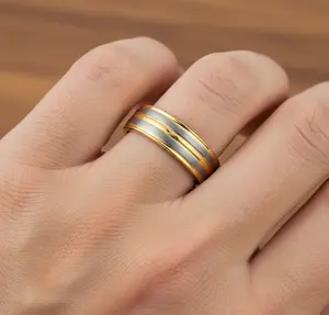 Gold Tungsten Carbide Wedding Band, Gunmetal Brushed, Gold Grooved Ring, Men’s Wedding Band, Pinestripe Inlay Engagement Ring, Unique Wedding Rings 6mm Ring