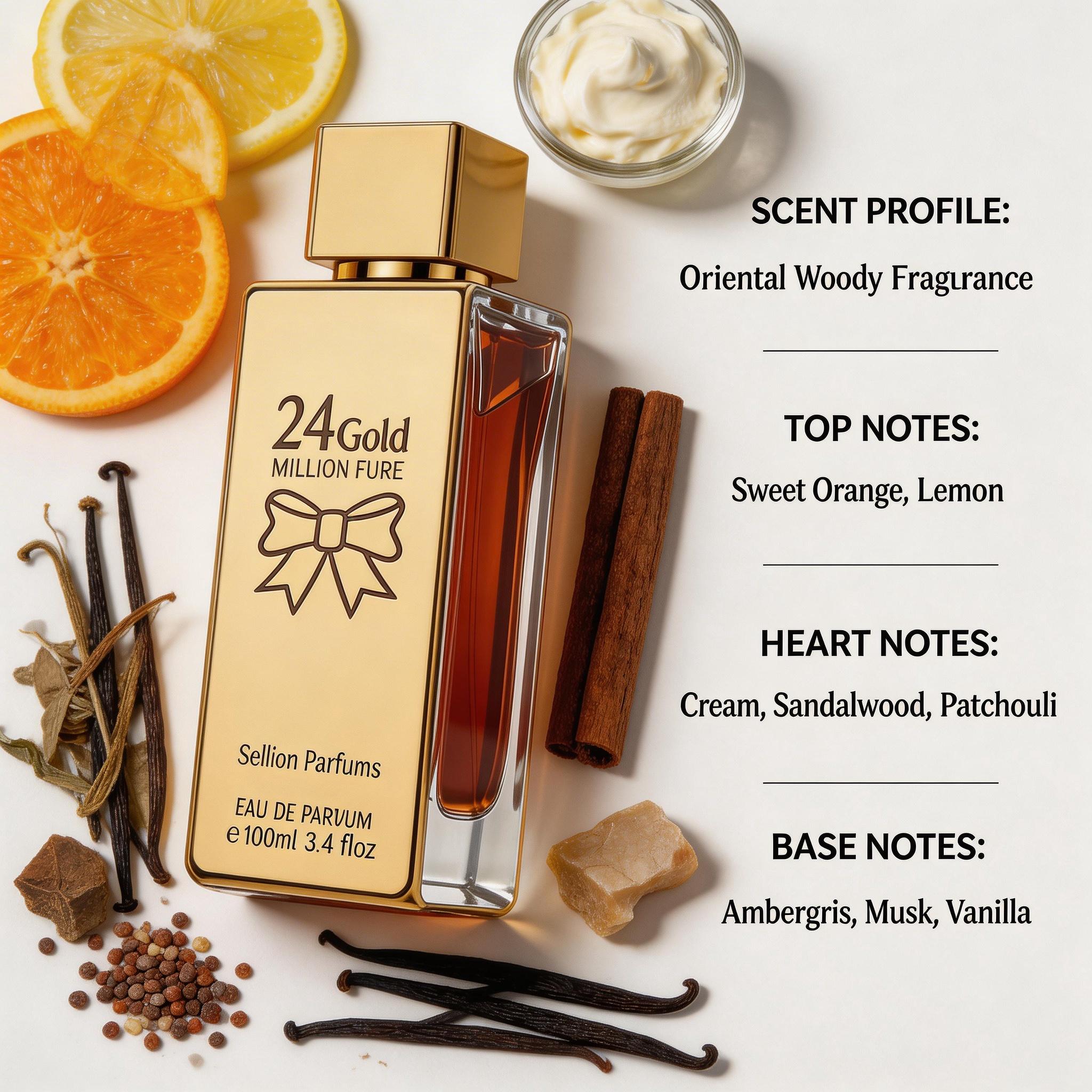 24 Gold Sellion Pure Eau de Parfum 100ml | Oriental Woody Fragrance with Orange Vanilla | Long Lasting Luxury Scent for Men