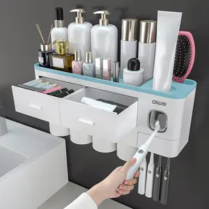 Wall Mounted Toothbrush Holder, 1 Count Large Capacity Toothbrush Storage Rack with Toothpaste Dispenser, Home Organizer for Bathroom Accessories