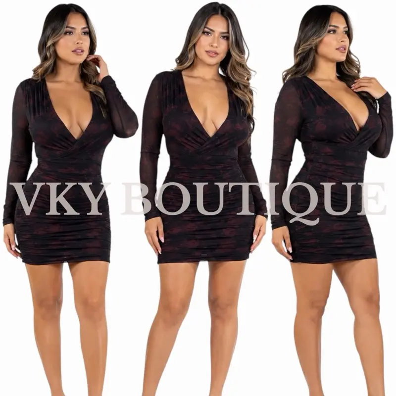 Long Sleeve Deep V Floral Ruched Mini Dress TS