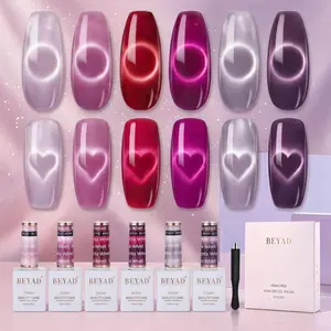 Beyad Magenta Velvet Cat Eye Gel Set | 6pcs 15ml Magnetic Nail Gel with Free Magnet, 3D Velvet Effect DIY At-Home Nail Art