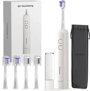 Electric Toothbrush Wave Oscillation & Vibration Sonic Tooth Brush for Adults BASS-Brushing Technique Travel Rechargeable Toothbrushes 4 Soft Bristle Replace Heads IPX7 Gifts for Men Women White
