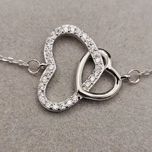 925 Sterling Silver Cubic Zirconia Interlocking Hearts Bracelet for Women