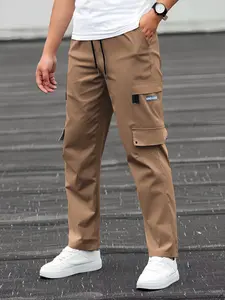 Men’s 100% Polyester Lightweight Cargo Pants, Drawstring Elastic Waist, Multiple Pockets, Straight Leg, Quick-Dry Outdoor Casual Trousers