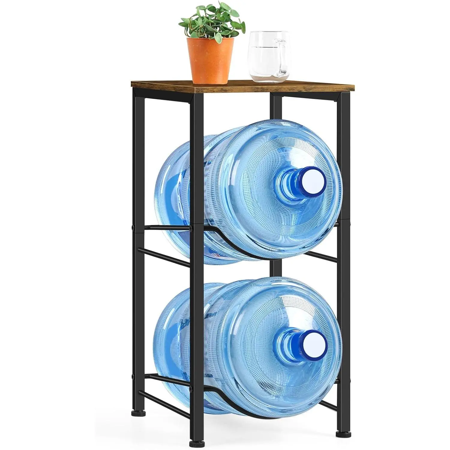 Water Jug Holder 5 Gallon Water Bottle Holder with Top Shelve 2 Tier Water Cooler Storage Rack Heavy Duty Water Dispenser Stand for Kitchen Living Room Office Brown