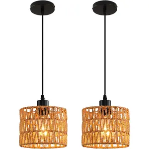 Woven Pendant Light Boho Chandelier, Rattan Pendant Lights Kitchen Island, Farmhouse Pendant Lighting with Hand Woven Wicker Shade, Boho Chandelier Light Fixtures Ceiling Hanging Light