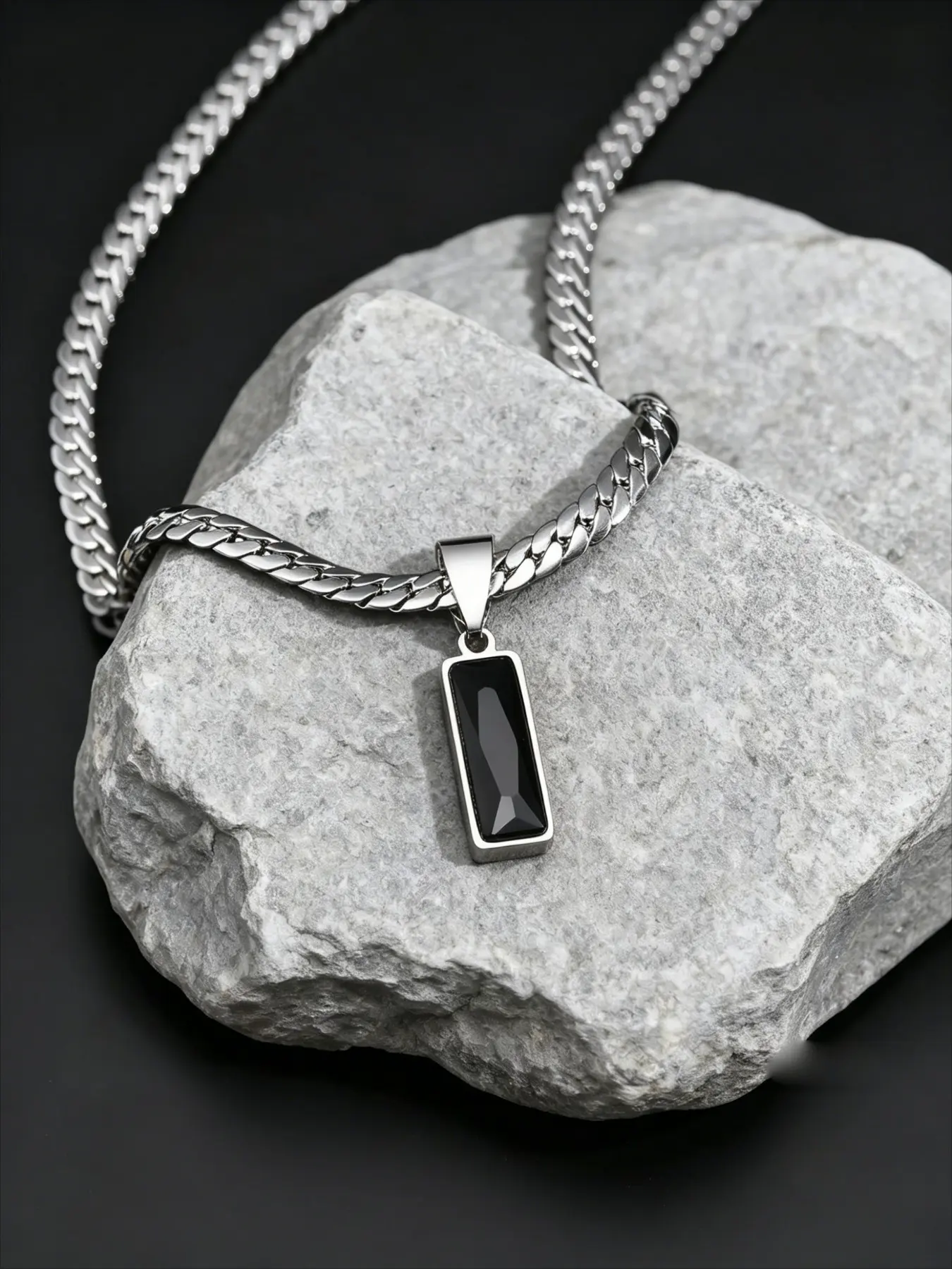 Stylish Mens Geometric Stone Pendent Necklaces,Stainless Steel Flat Cuban Chain Collars,Cuban Link Chains,Hip Hop Jewelry Gifts for Him Boys, Geometric Pendant