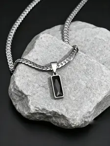 Stylish Mens Geometric Stone Pendent Necklaces,Stainless Steel Flat Cuban Chain Collars,Hip Hop Jewelry Gifts for Him Boys