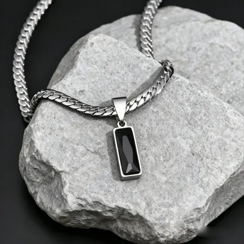 Stylish Mens Geometric Stone Pendent Necklaces,Stainless Steel Flat Cuban Chain Collars,Cuban Link Chains,,Hip Hop Jewelry Gifts for Him Boys, Geometric Pendant, Durable Fashion Accessory