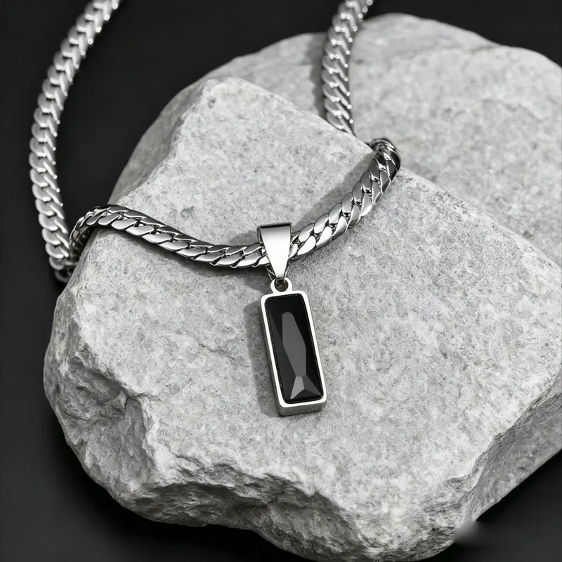 Stylish Mens Geometric Stone Pendent Necklaces,Stainless Steel Flat Cuban Chain Collars,Cuban Link Chains,,Hip Hop Jewelry Gifts for Him Boys, Geometric Pendant, Durable Fashion Accessory