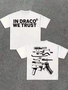 'IN DRACO WE TRUST' Firearm Disassembly Theme White Oversized Short-Sleeve T-Shirt | Edgy Hip-Hop Casual Streetwear Top | Soft Comfortable Fabric | Bold Street Aesthetic | Trendy Loose-Fit | Eye-Catching Double-Sided Print | Versatile Daily Wear | Perfect