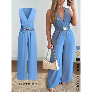 Women's Solid Belted Jumpsuit, Casual Sleeveless V Neck Jumpsuit for Summer, Women's Clothes for Daily Wear, Ruched Belted Jumpsuit