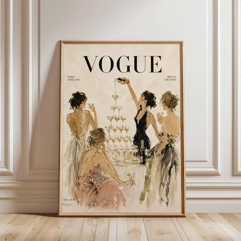 Champagne Tower Vogue Poster - Artistic Fashion Watercolor Print, Colorful Style 1-Sided Home Inspo Wall Decor, Elegant Home Supply for Bedroom, Dining Room, Paper