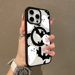 Adorable Magnetic Case for iPhone11/12/13/14/15/16/17/promax Black White Ghost Bat MagSafe Compatible, Lightweight, Anti-Fall | Girly & Chic Style