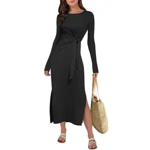 ANRABESS Long Sleeve Maxi Dress for Women Trendy Crew Neck Tie Waist Slim Slit Casual Work Long Dresses 2025 Fall Outfits