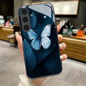 Blue butterfly dream pattern suitable for Samsung Galaxy S25 S25edge S25FE S25Plus S25ULTRA 5G Pretty Phone Case,Black Frame Glass Phone Case Individual Design,Is Suitable for Every Holiday Gift