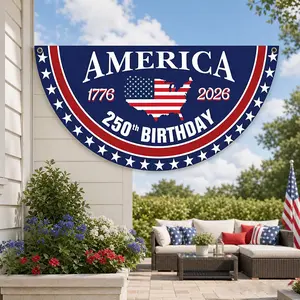 America 250th Birthday Bunting Flag, 1776 2026 USA Patriotic Half Circle Banner, American Flag Map Porch Rail Decor, 4th Of July Outdoor Yard Party Decoration