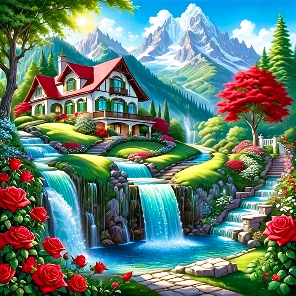 Mountain Cottage with Waterfalls and Snowy Peaks，Multiple sizes available including square and round diamonds. This 5D DIY diamond painting set diamond art embroidery kit handmade furniture decor holiday birthday art personalized gift Crafts