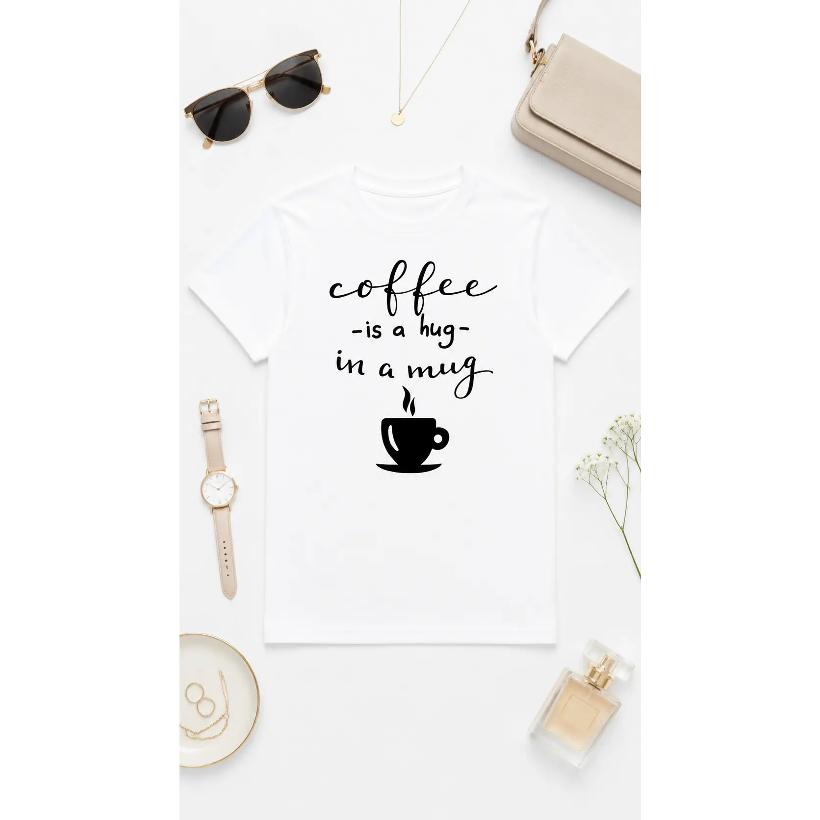 Coffee Is a Hug in a Mug T-Shirt for Coffee Lovers, Funny Minimalist Graphic Tee, Casual Unisex Coffee Quote Shirt