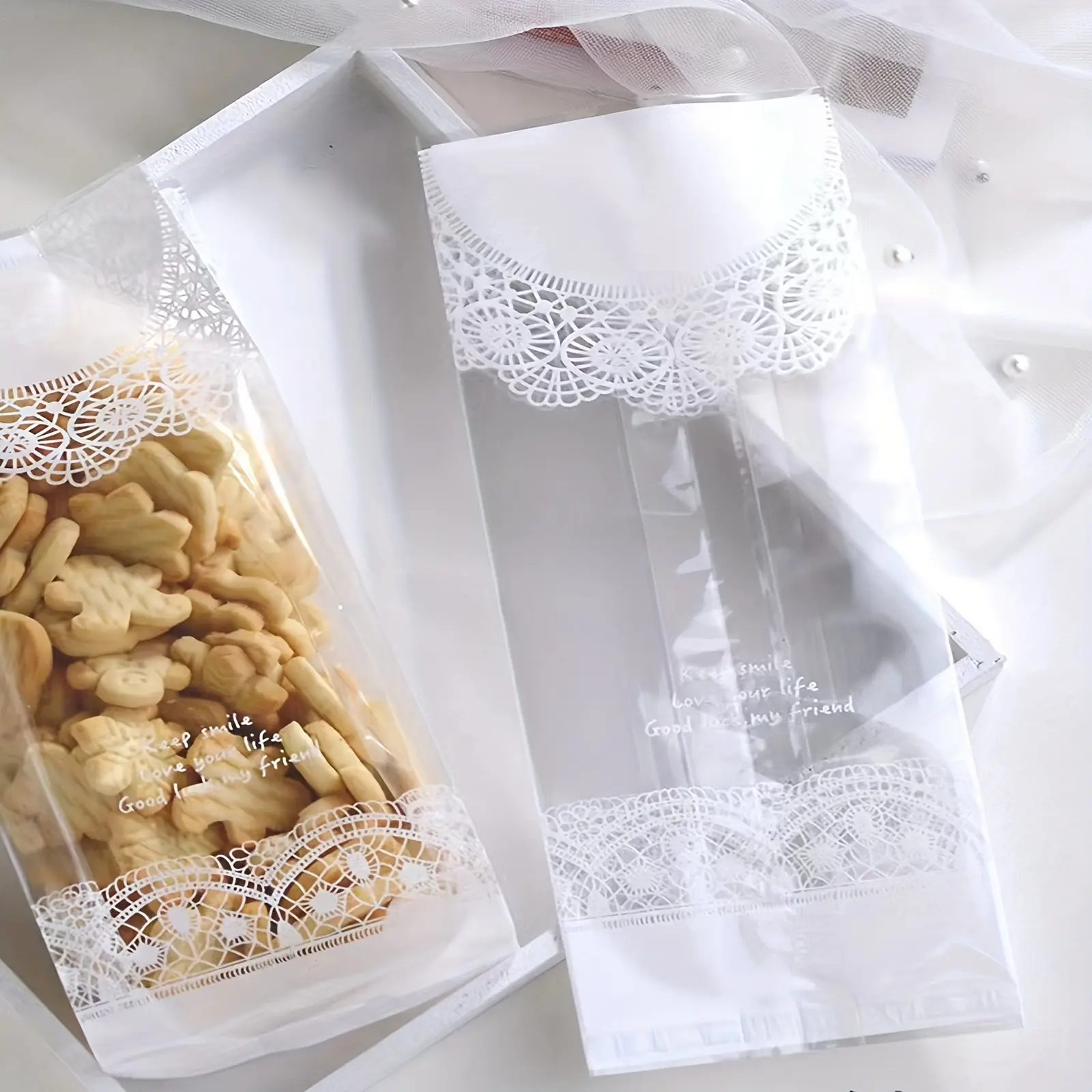 100pcs/Set Clear Lace Self-Seal Cookie Bags – Food Safe & Resealable for Candy, Gifts, & Favors, Party Favor Packs, Resealable Packaging