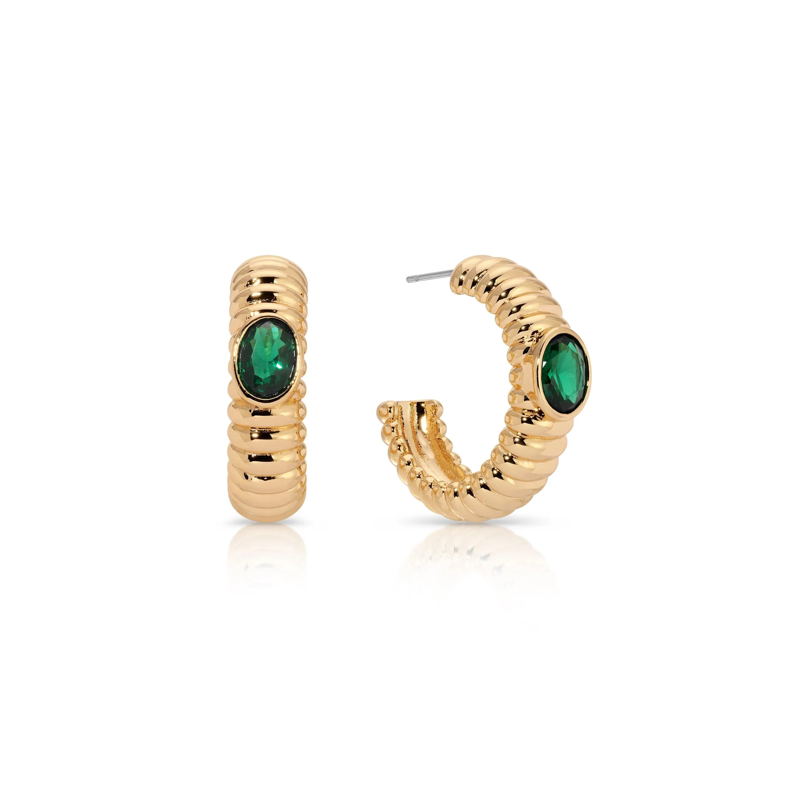 Ribbed Emerald Large Hoops – 18K Gold Plated Textured Hoops with Green Crystal Accent for Women, Elegant Statement Jewelry