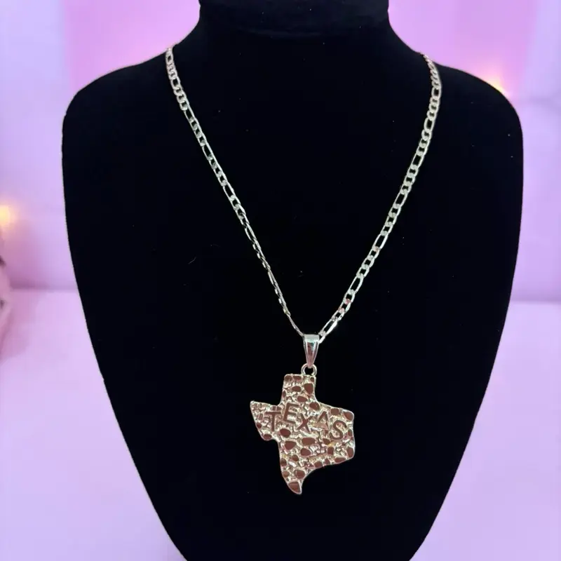 Large Texas Nugget Pendent with Figaro Chain 14k Gold Plated Excellent Quality Bold Statement Jewelry Gift