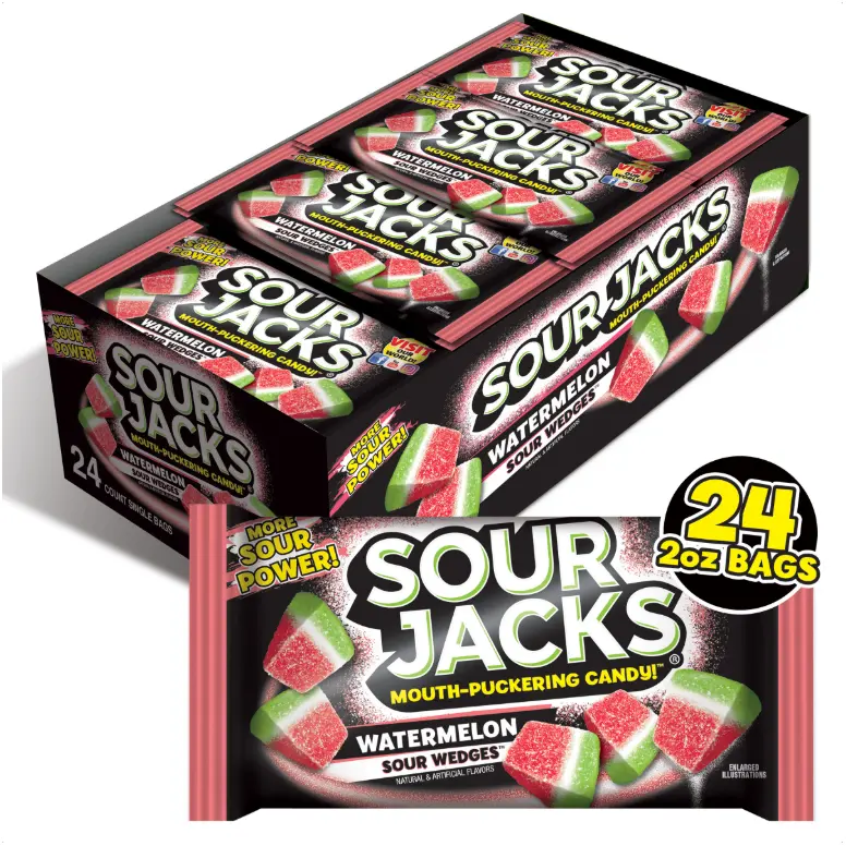 SOUR JACKS Watermelon Sour Candy Wedges - 24 Pack (2 oz Bags Each) Chewy Sweet & Sour Candy