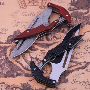 2pc Damascus Steel Mechanical Camping Knife, EDC Daily Carry Multifunctional Knife, Rosewood Handle, Sharp, Lightweight Port, Suitable for Home Kitchen, Outdoor Camping, Emergency Use, The Best Gift for Men!