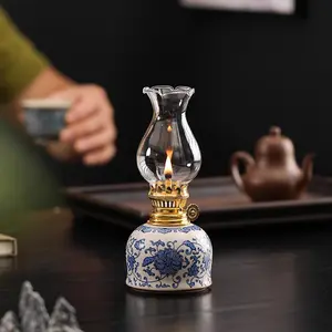 1pc Blue & White Interlocking Lotus Ceramic Oil Lamp - Vintage Ru Yao Kerosene Lamp for Home Decor, Camping, Tea House - Retro Aesthetic & Cozy Warm Ambiance