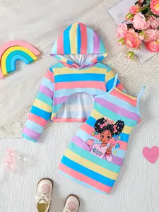 Ready Stock 9m-6y Girls' Colorful Striped 2Pcs Long Sleeve Asymmetrical Hooded Tops and Spaghetti Cartoon Girl Print Dress Set,As Gift 42505033