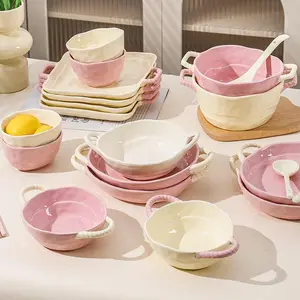 Ins style color blocked ceramic tableware -6-piece set, Dinnerware service set, including rice bowl, plate, soup bowl, spoon, can be used to hold vegetables, salads, fruits, desserts, a must-have for warm families