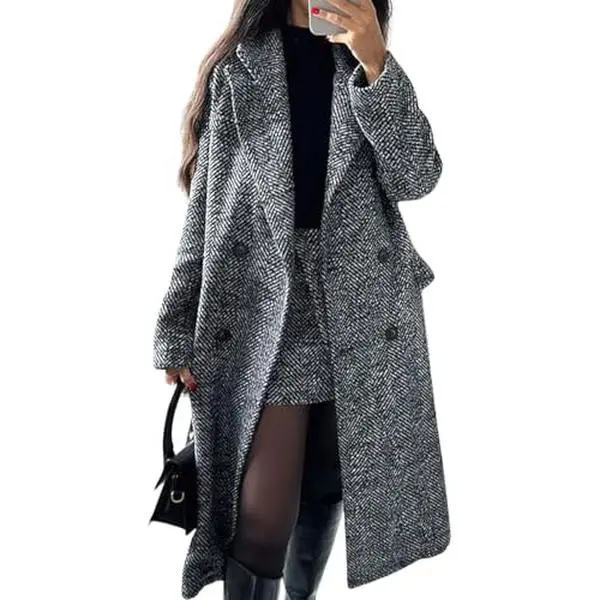 Chouyatou Women Long Herringbone Wool Trench Coat Winter Casual Double Breasted Notch Collar Dressy Outerwear